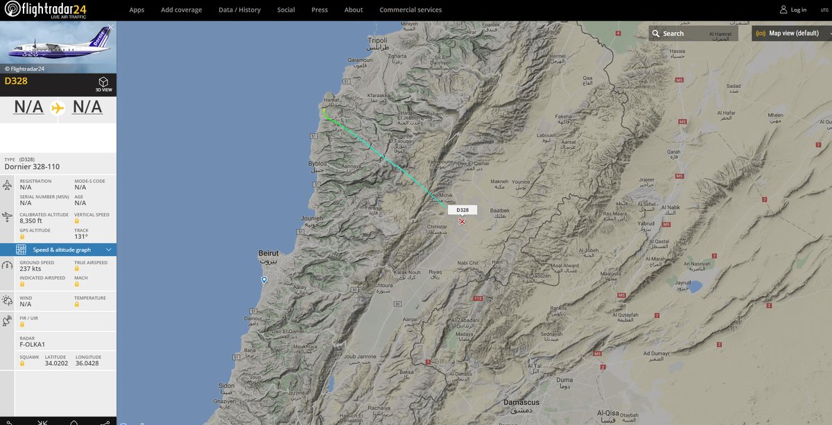 US Special Operation Command C146A Wolfhound heading Syria from Wujah Al Hajar Air Base Lebanon   