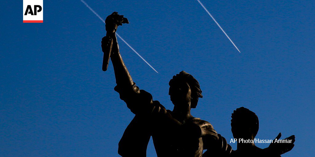 Israeli warplanes fly over the Martyrs' monument in Martyrs' Square in downtown Beirut on Monday, Oct. 29, 2018. Lebanese officials regularly complain of Israeli violations of Lebanon's airspace. photo by @HassanAmmar5   