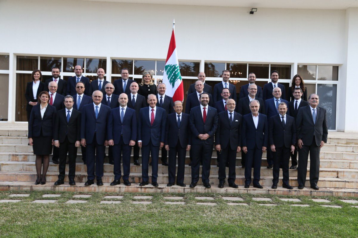 Lebanon's new Cabinet shortly before its first meeting at Baabda Presidential Palace near Beirut   