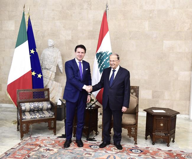 Italy's PM Giuseppe Conte is   meeting Lebanon's President Michel Aoun, in Beirut.   