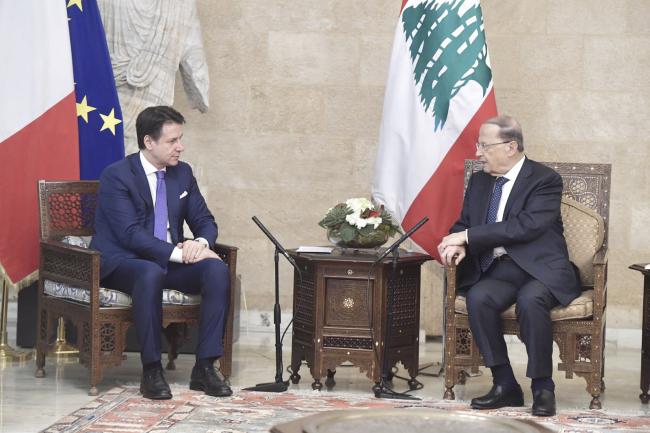 Italy's PM Giuseppe Conte is   meeting Lebanon's President Michel Aoun, in Beirut.   
