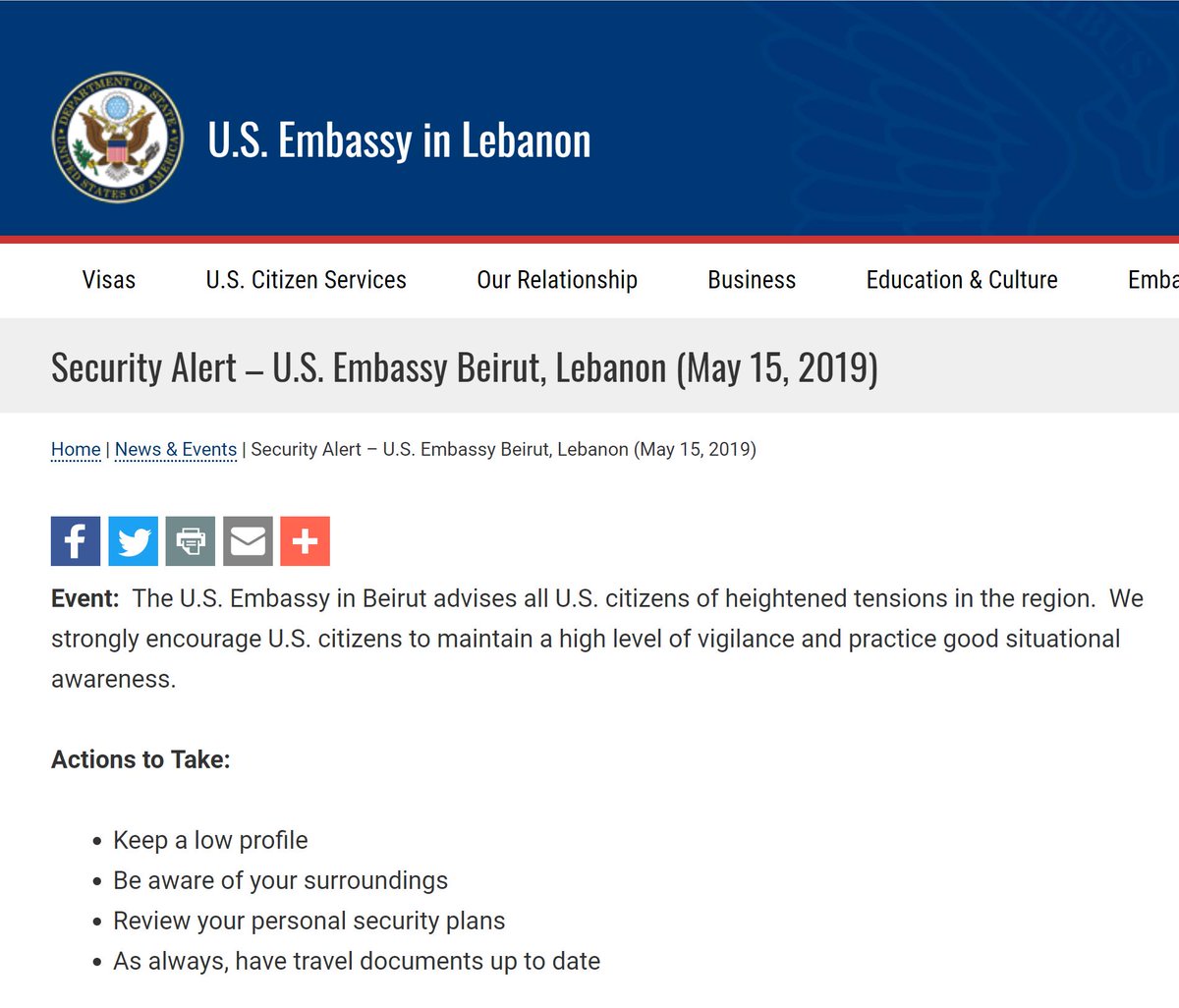 US Embassy in Lebanon issues a Security Warning to all its citizens residing in Lebanon : Keep a low profile    