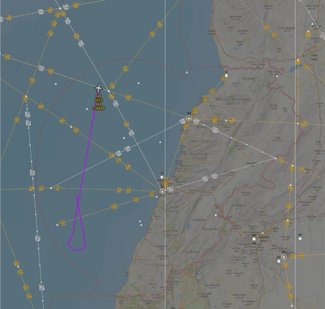 Plane of 122 Squadron of ISAF Gulfstream G550 Nachshon Shavit 4X980 Reg:569 ICAO:738A4D for Conformal Airborne Early Warning CAEW, Signals Intelligence SIGINT and Special Electronic Missions aircraft SEMA Entering The Lebanese airspace