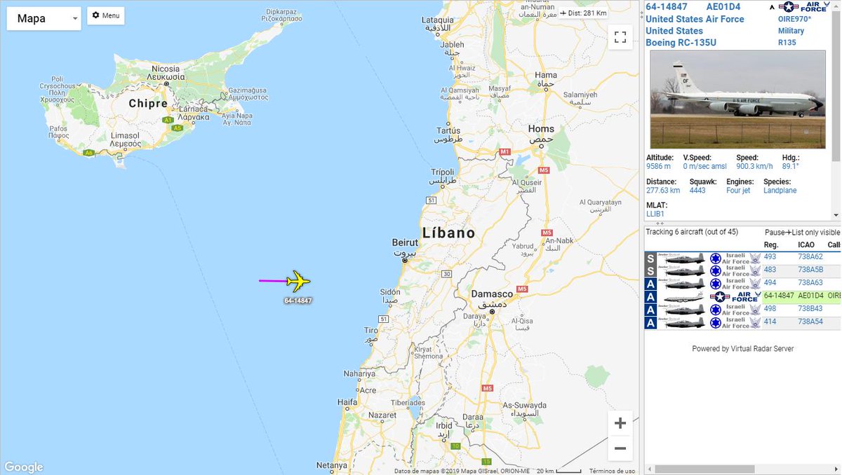 USAF  RC-135U Combat Sent OIRE970 tracking off teh coast of Lebanon