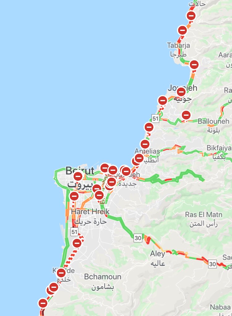 Map of all roads closed on the Lebanese coast today (via TMA)