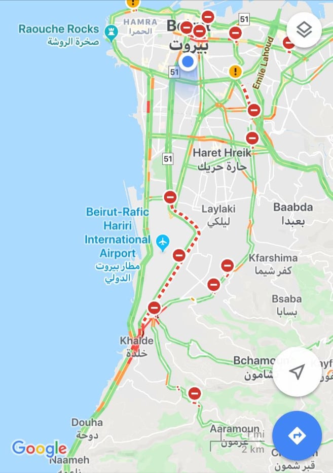 Maps of the closed roads in various areas of Lebanon