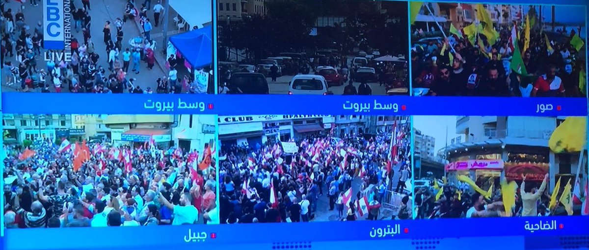 Sour/Tyre and Dahieh now: men in scooters in their hundreds carrying Hezbollah and Amal. Aoun supporters in Bateoun and Jbeil/Byblos. 