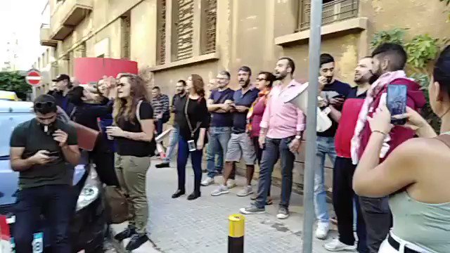 Protesters in front of Telecommunications Minister Mohammad Choucair's house in Beirut.  The popular protest 2011 song 'yalla erhal ya bashar' has been repurposed here as well.   