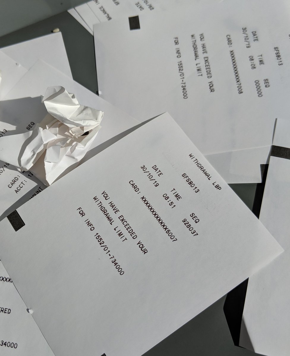 Lebanese banks have been closed for 13 days during protests over fears that everyone will try to withdraw their savings all at once. There are signs this is happening already. All of these receipts are withdrawal slips. You have exceeded your withdrawal limit.