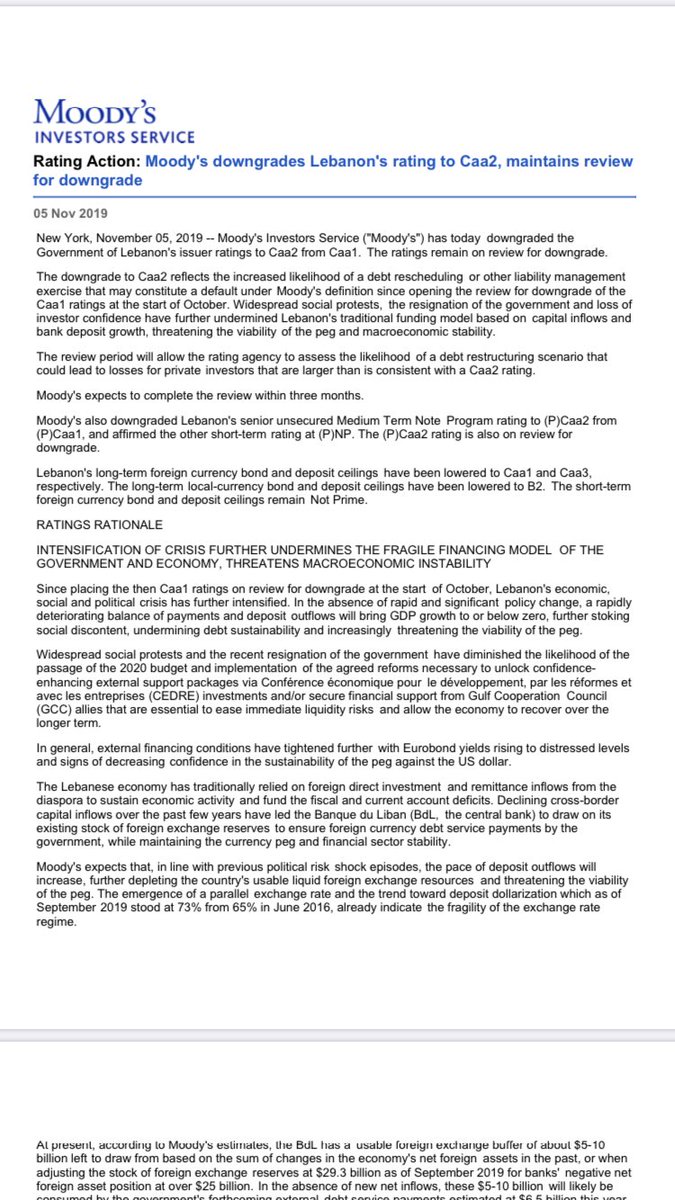 Moody's downgrades Lebanon's rating to Caa2 from Caa1, maintains review for downgrade