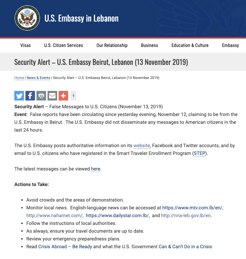 .@usembassybeirut denies sending any messages to U.S. citizens in Lebanon within the last 24 hours