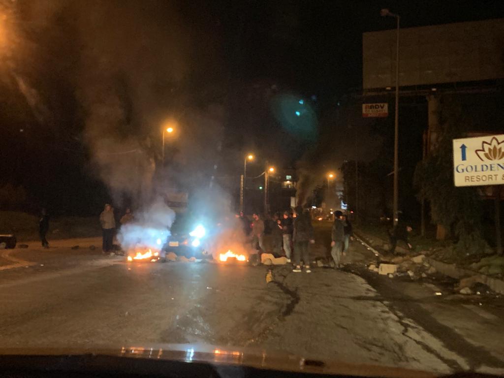 Beirut-Damascus international highway cut with burning tires at Shawayat junction