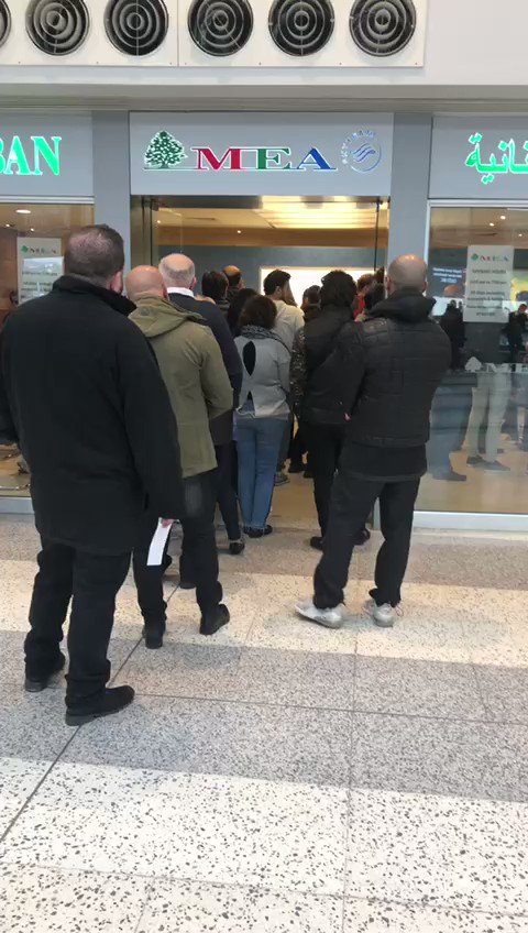 A large line outside an office of Lebanese carrier @MEAAIRLIBAN today as people flock there to buy tickets before it begins accepting only dollars on Monday