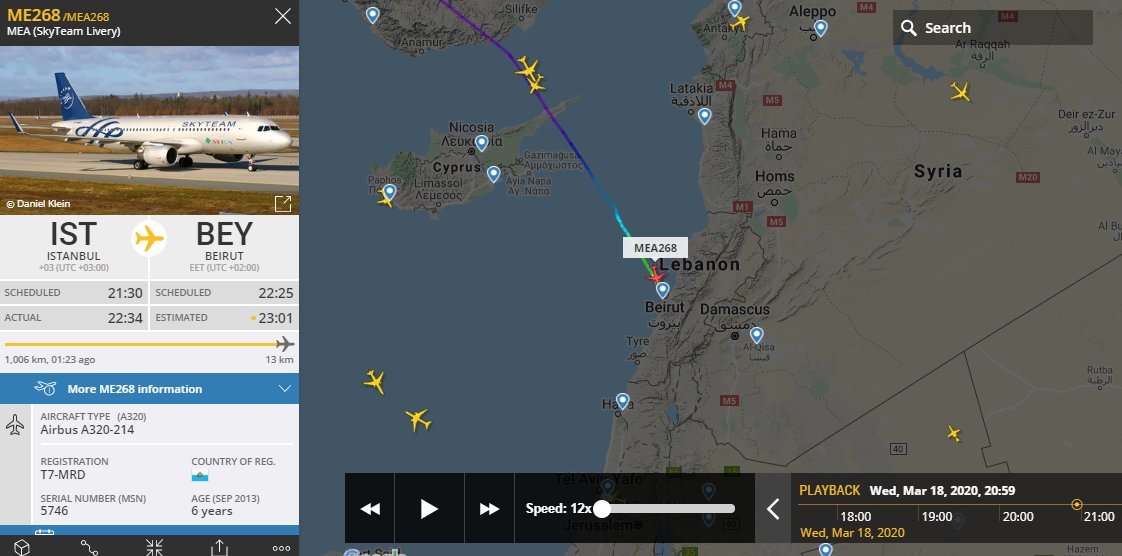 MEA268 from Istanbul touched down at Beirut's Rafik Hariri International Airport shortly after 11 p.m local time, the last flight on the board into the airport before it's closure at midnight