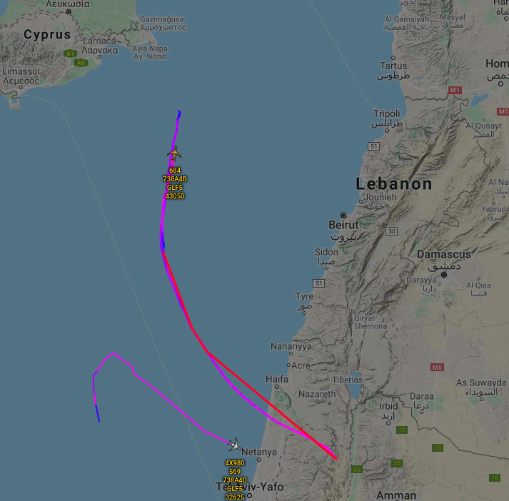 IAF SHAVIT SIGINT aircraft tracking W of Lebanon/Syria (80mi West of Beirut and 150mi W of Homs)