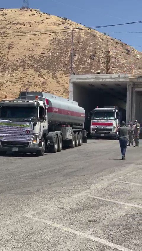 A convoy of 22 tankers from Iraq carrying around 800,000 liters of fuel to help the electricity sector arrives in Lebanon.