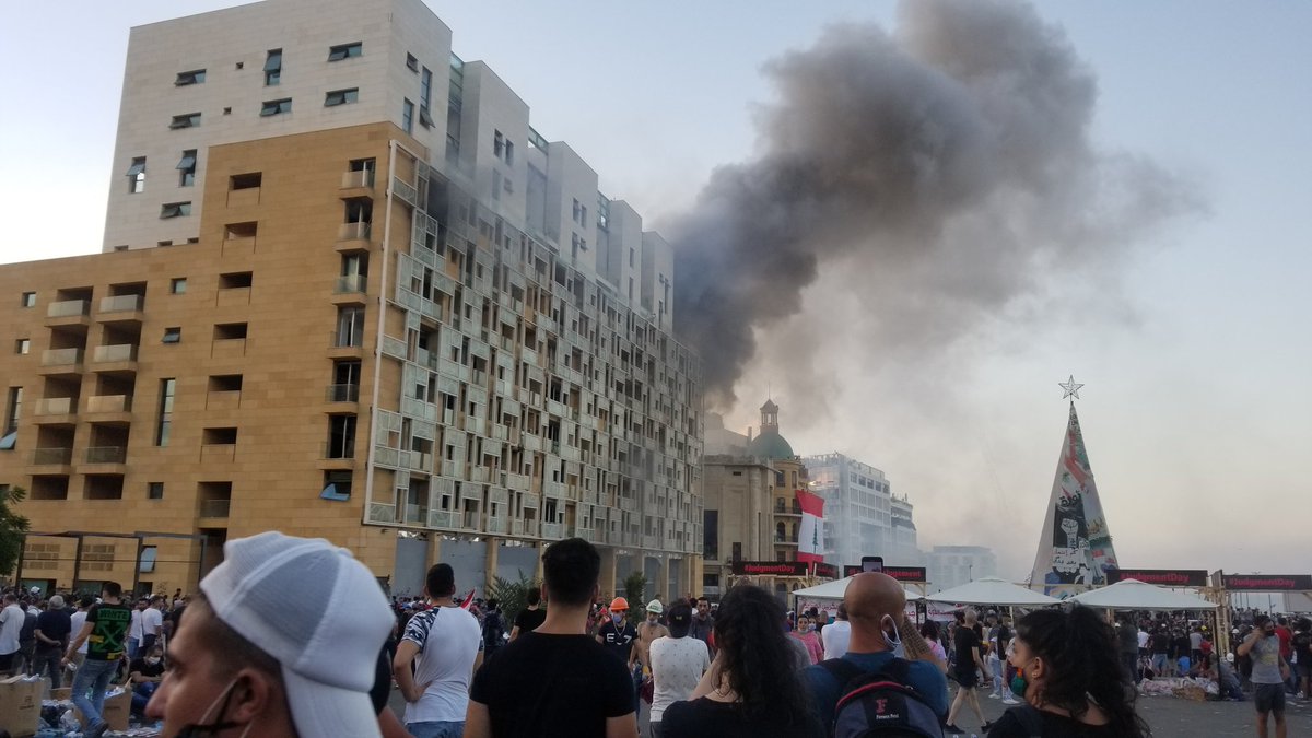 Smoke from a building in downtown Beirut. Protests getting more violent. Word of some sort of rounds used