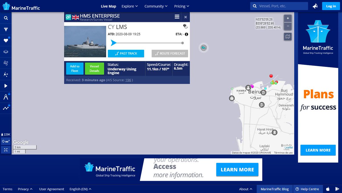 Royal Navy survey ship HMS Enterprise currently off the coast of Beirut Lebanon Enterprise is deploying to Beirut to survey the damage to the city's port