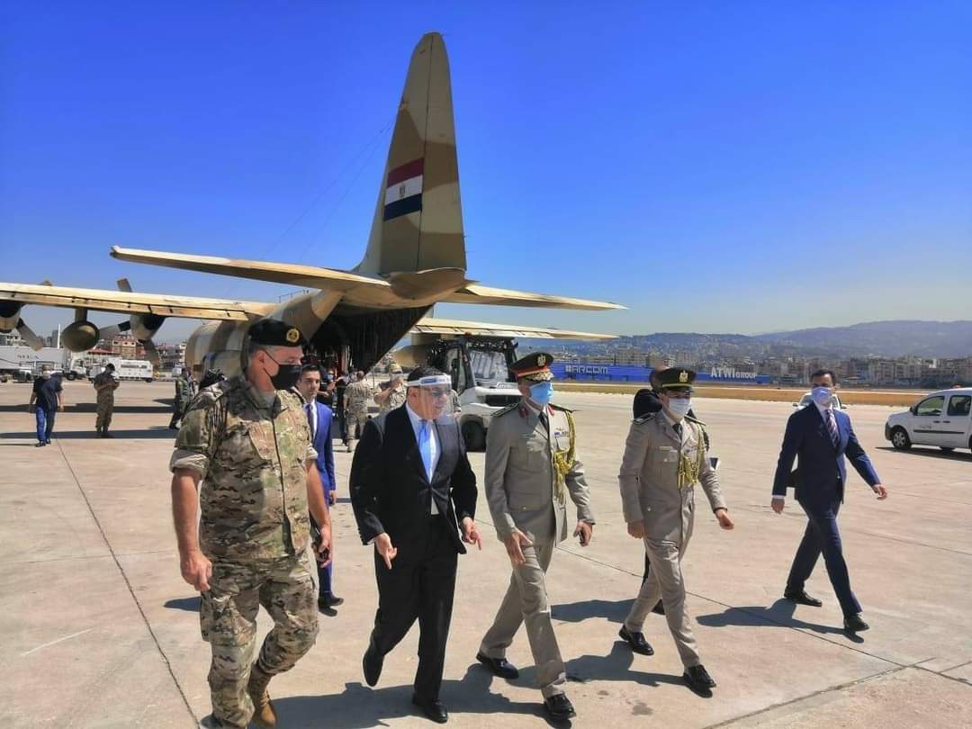 An Egyptian Air Force C-130H tactical military transport plane loaded with 28 tons of food supplies & humanitarian aid to the Lebanese people arrived in Beirut Today