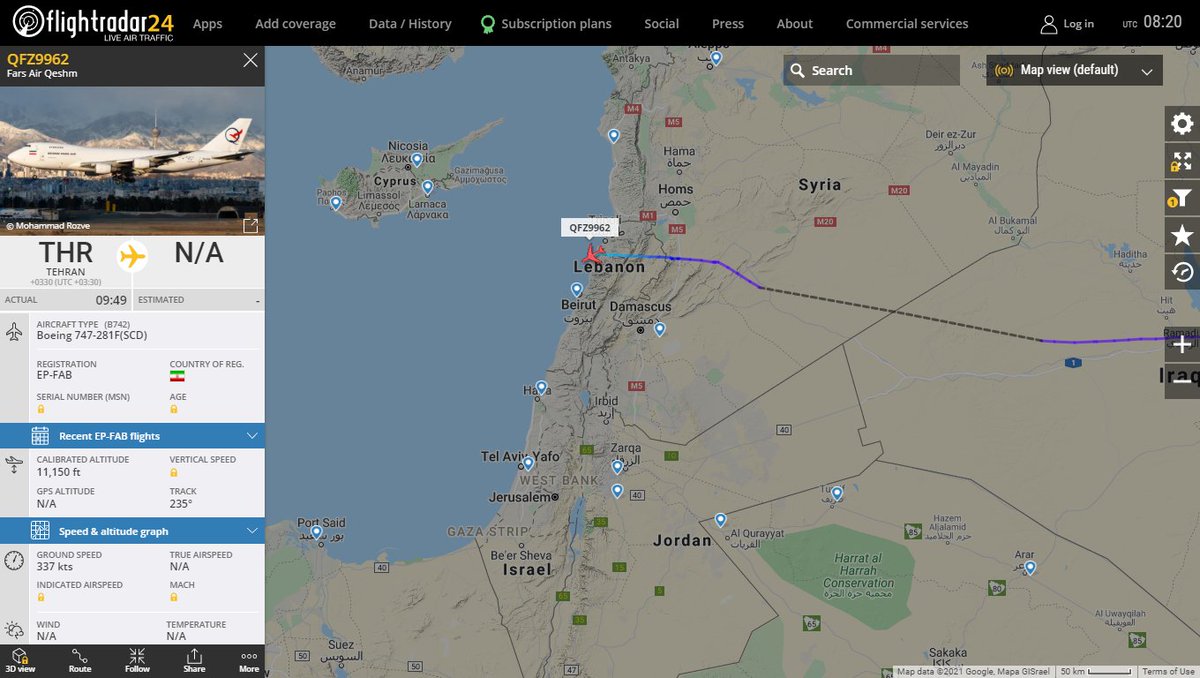 Fars Air Qeshm 747 EP-FAB en route to Beirut from Tehran, not Damascus