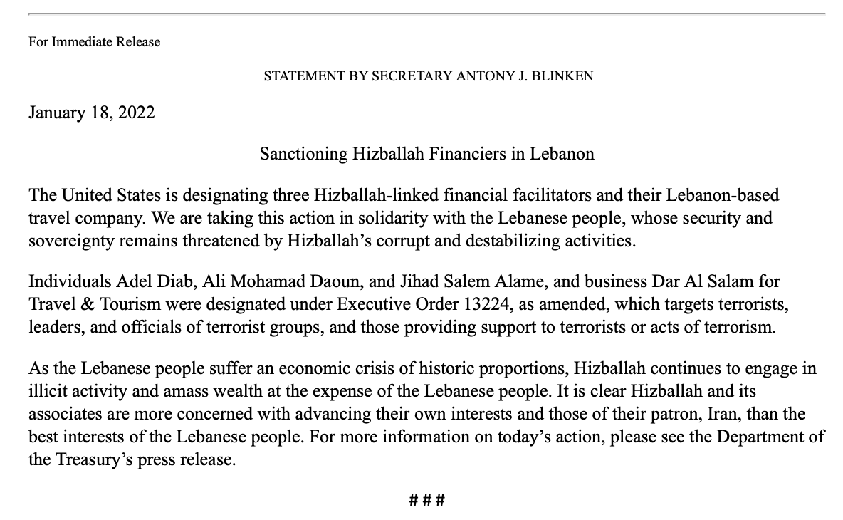 .@StateDept on designations of Hezbollah linked financiers. Lebanon-based travel company