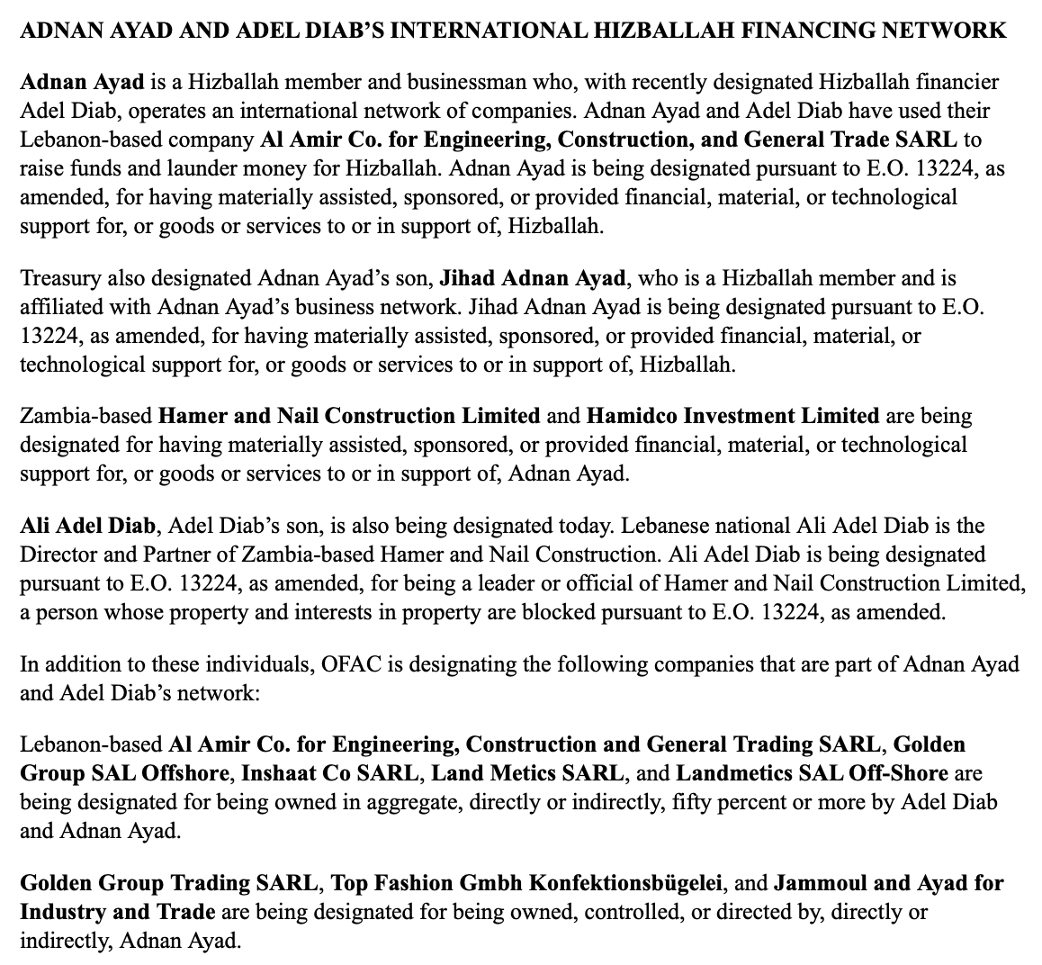 US sanctions Lebanon-based Hezbollah financial facilitator, his company, business connections  Adnan Ayad, his partners have helped Hezbollah obtain funds thru networks of companies that operate under the guise of legitimate business enterprises per @USTreasury