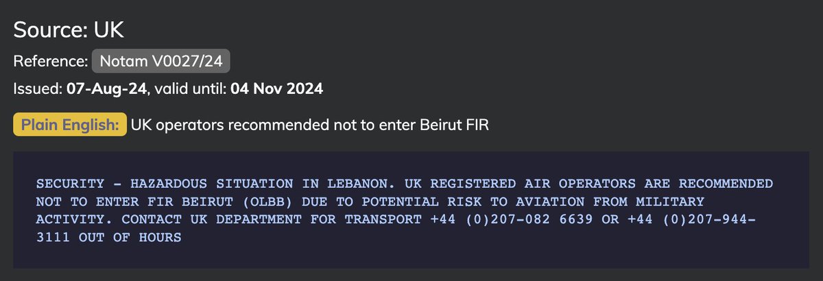 Großbritannien gibt neues NOTAM heraus, in dem britischen Betreibern empfohlen wird, das FIR von Beirut nicht anzufliegen, „aufgrund möglicher Gefährdungen der Luftfahrt durch militärische Aktivitäten. NOTAM ist von heute bis zum 4. November in Kraft