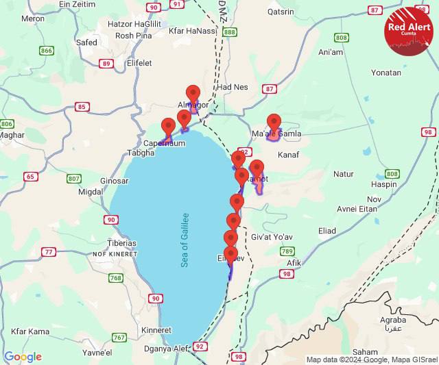 Sirenes de alerta de foguetes em comunidades na parte norte e leste do Lago Kinneret