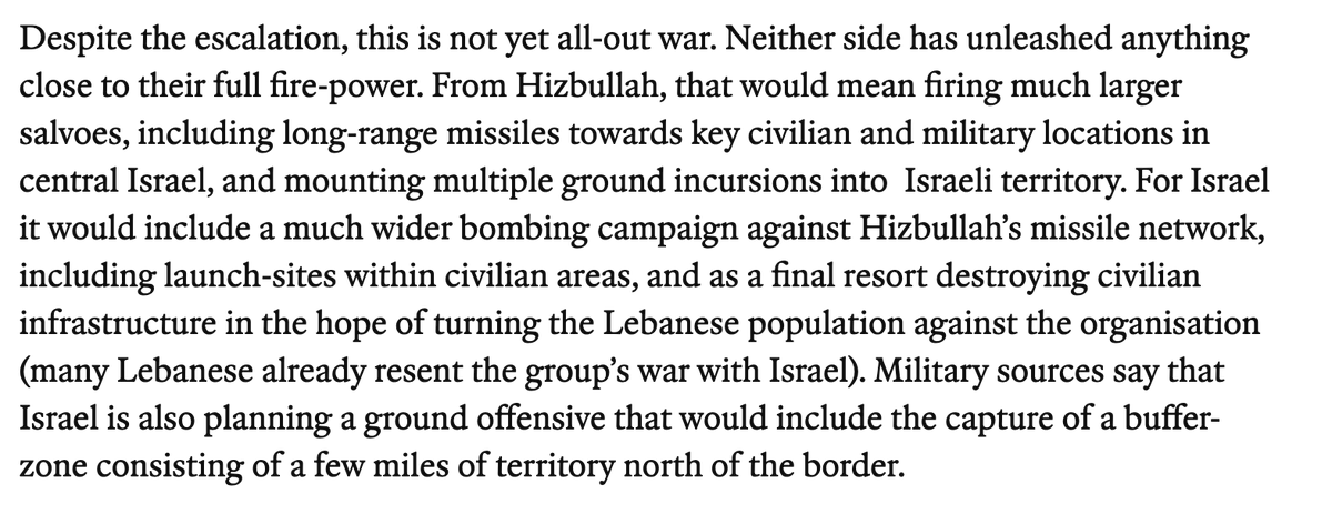 Fuentes militares afirman que Israel también está planeando una ofensiva terrestre en Líbano que incluiría la captura de una zona de amortiguación que consiste en unas pocas millas de territorio al norte de la frontera - The Economist