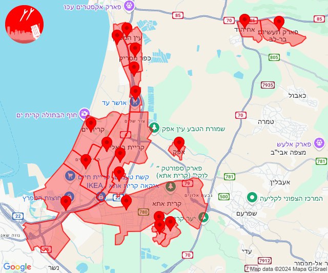 Rockets were fired to the areas north-east of Haifa, Qiryat