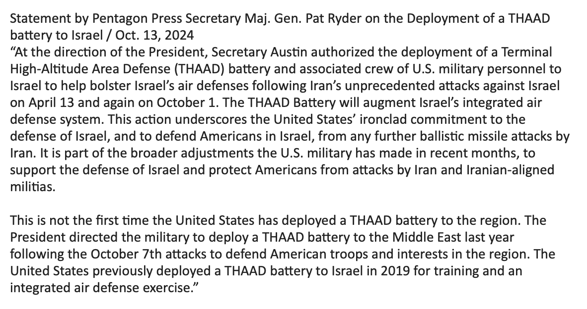 Les États-Unis envoient un système de défense aérienne THAAD à Israël et des troupes pour le faire fonctionner, annonce le Pentagone