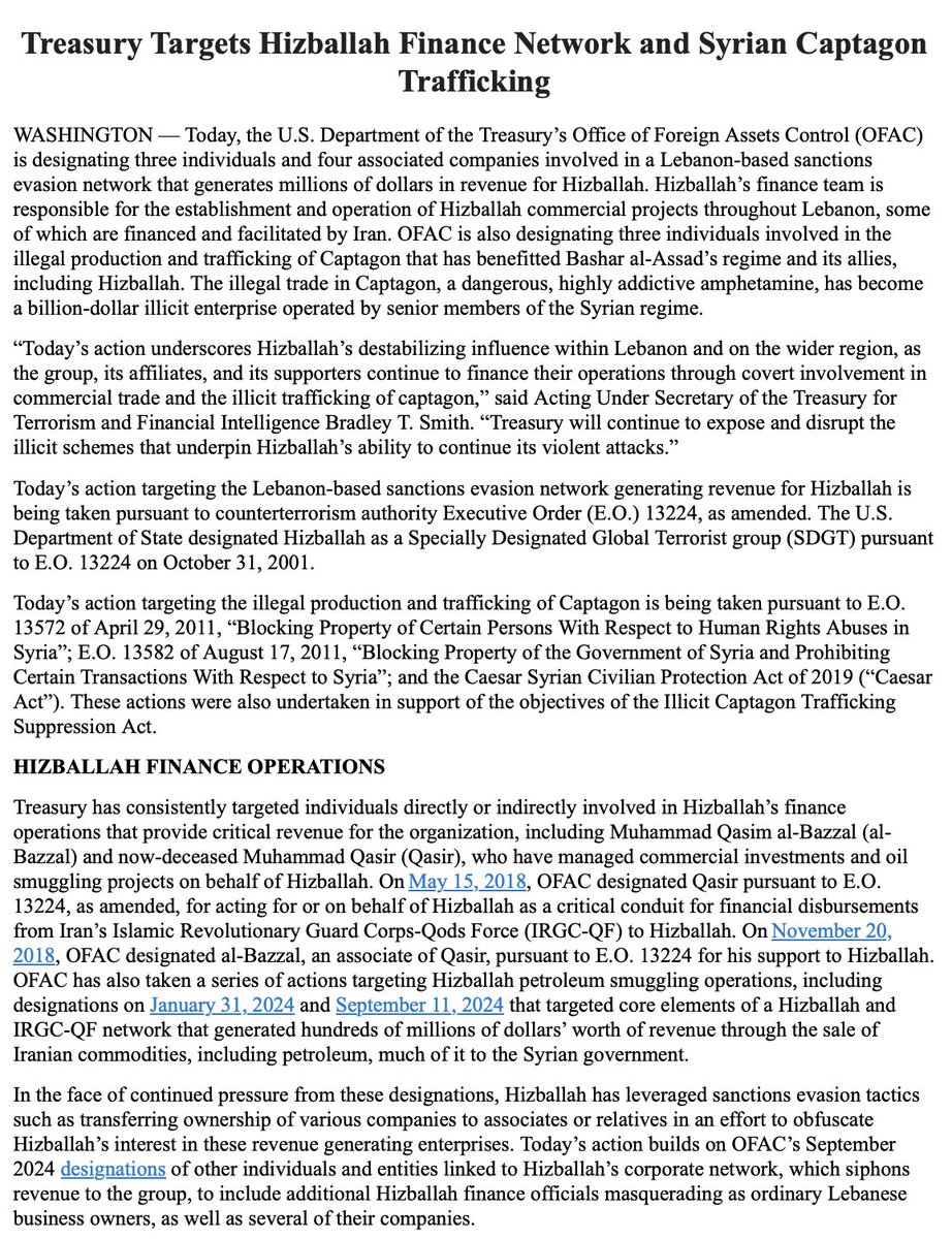 Les États-Unis sanctionnent un réseau financier et un réseau de trafic de captagon générant des millions de dollars pour le Hezbollah