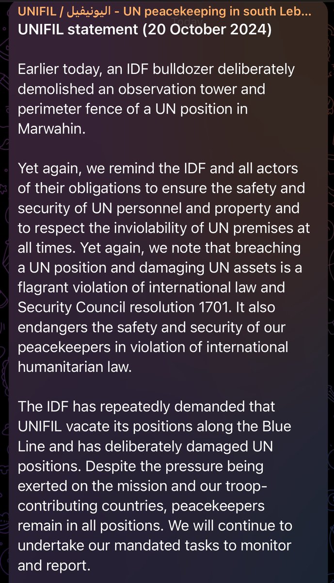 UN peacekeepers in Lebanon say Israeli military bulldozer “deliberately demolished an observation tower and perimeter fence of a UN position in Marwahin” south Lebanon today