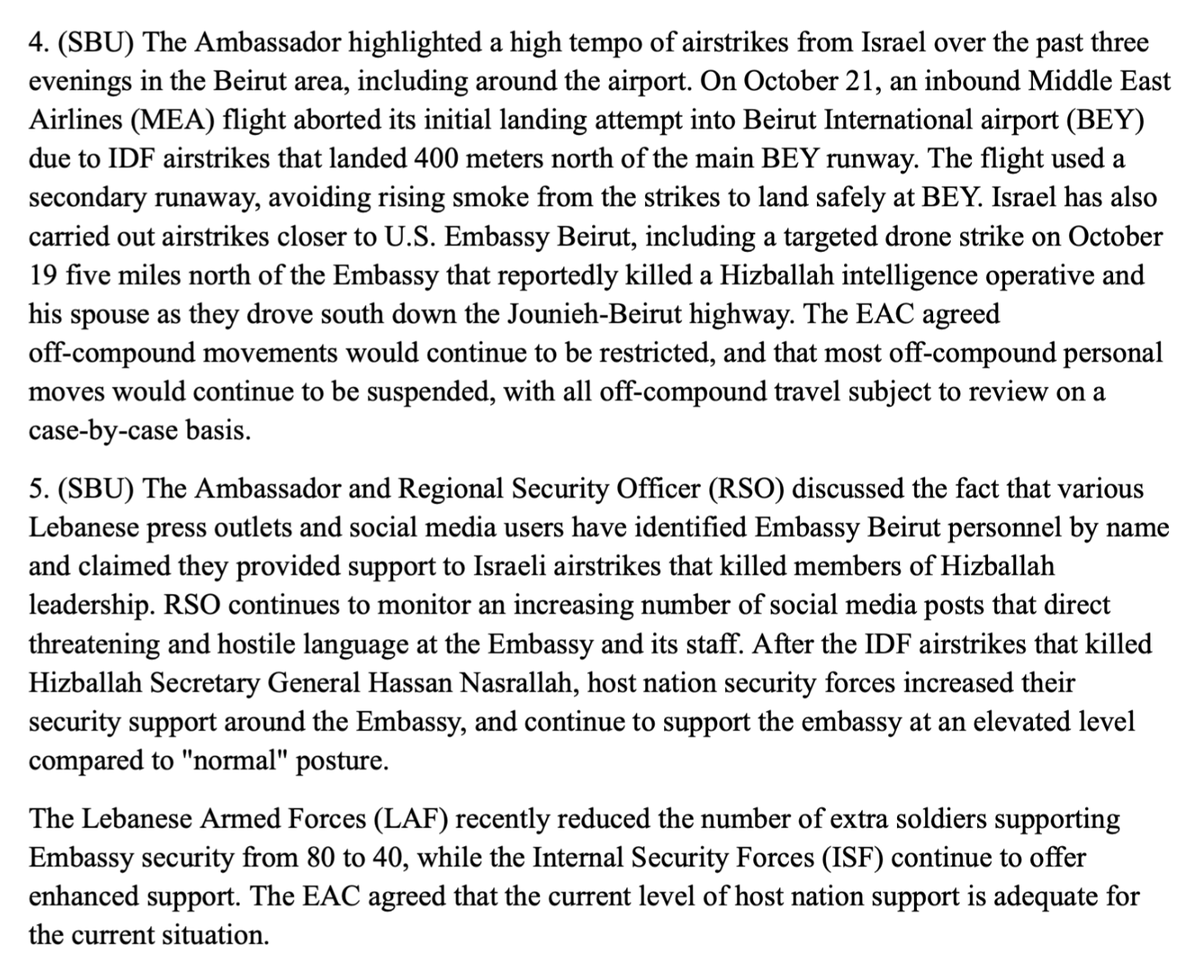 U.S. Ambassador to Lebanon warns of high tempo of airstrikes from Israel over the past three days, per U.S. diplomatic cable leaked. U.S. diplomats held an emergency meeting in which they agreed to restrict personnel movements to within the Embassy compound