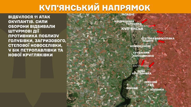 Ukrayna Silahlı Kuvvetleri Genelkurmay Başkanlığı raporuna göre dün Kupyansk ekseninde Holubivka, Zahryzove, Stepova Novoselivka yakınlarında Petropavlivka ve Nova Kruhlyakivka yönünde çatışmalar yaşandı.