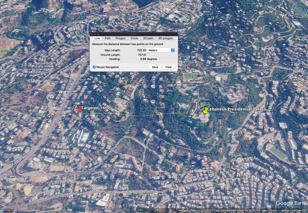 Israeli strike targeting the “Comfort Hotel” in Hazmieh, Lebanon, about 700 m from the Lebanese Presidential Palace, in a predominantly Christian area