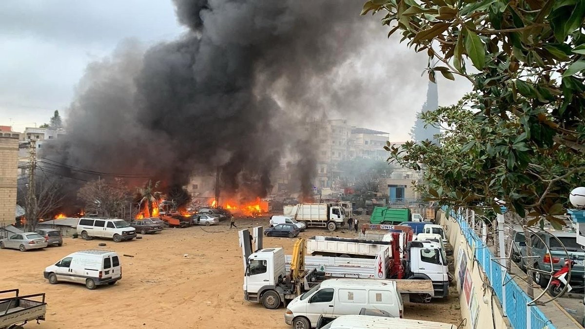 Aircraft bomb a gas station in the town square of Jebchit, southern Lebanon