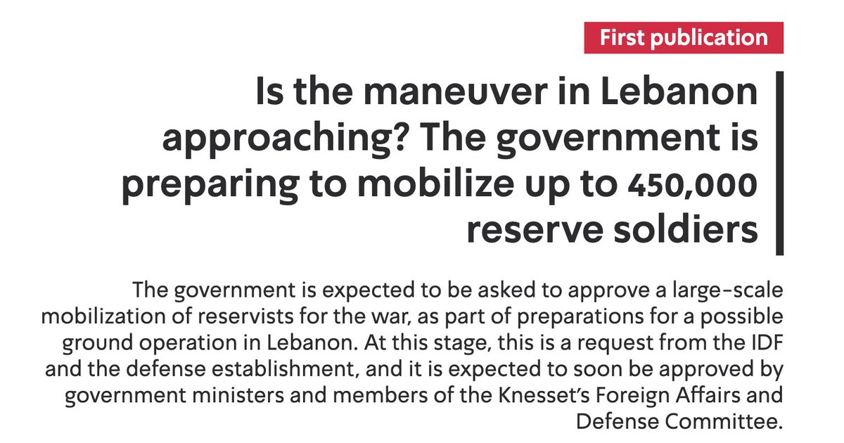 The Israeli government is set to approve the call-up of up to 450,000 reservists as the Israeli army prepares for a potential ground operation in Lebanon - Kan News