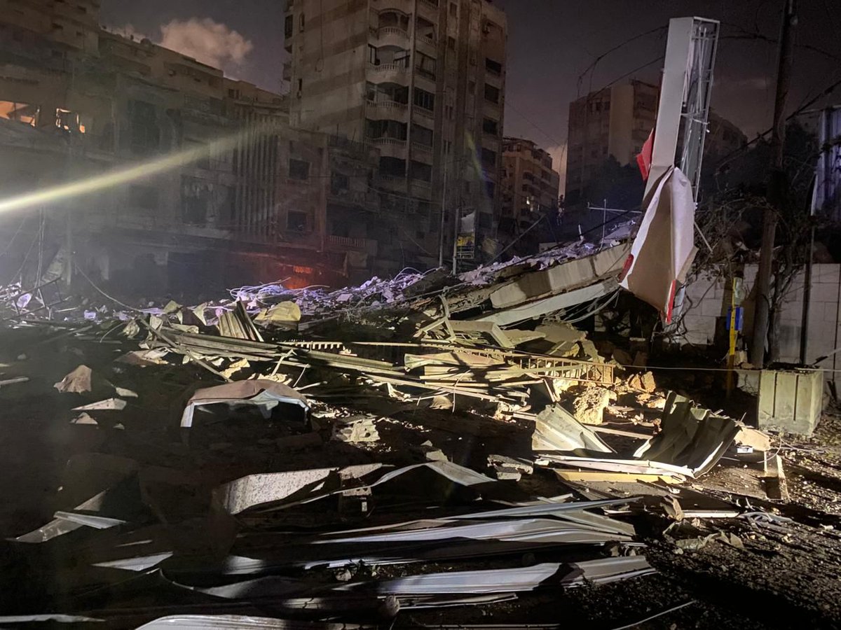 In pictures: Destruction caused by the Israeli airstrike that targeted the Al-Amana station in the Al-Muraijah area of the southern suburbs a short while ago.