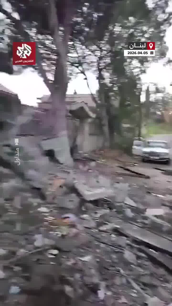 Widespread destruction caused by an Israeli airstrike targeting the town of Doueir in the Nabatieh district of southern Lebanon
