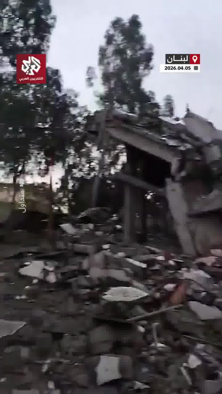 Widespread destruction caused by an Israeli airstrike targeting the town of Doueir in the Nabatieh district of southern Lebanon