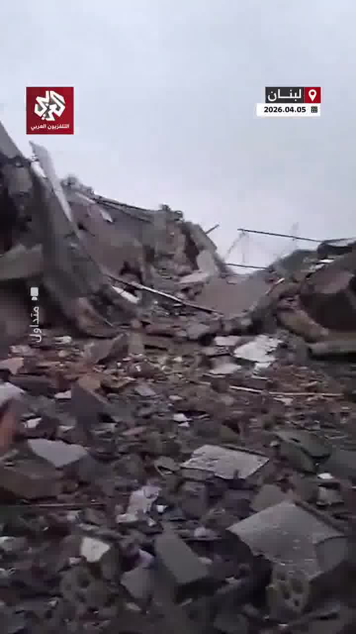 Widespread destruction caused by an Israeli airstrike targeting the town of Doueir in the Nabatieh district of southern Lebanon