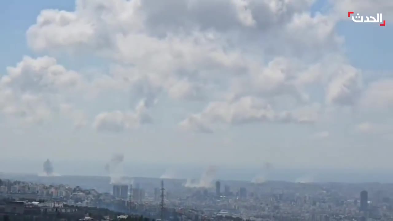 Footage shows intense Israeli airstrikes targeting various areas in Beirut's southern suburbs, with plumes of smoke rising from the bombing sites