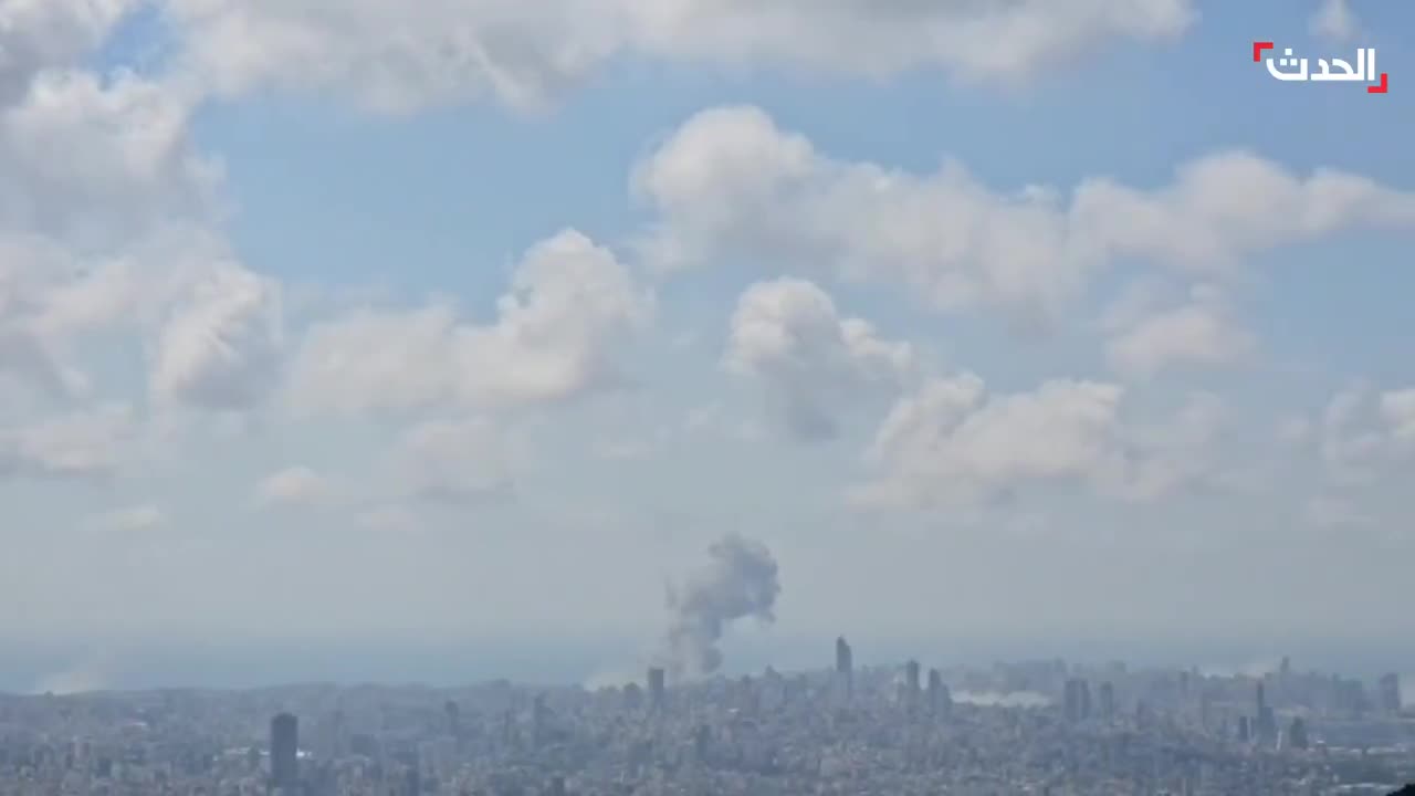 Footage shows intense Israeli airstrikes targeting various areas in Beirut's southern suburbs, with plumes of smoke rising from the bombing sites