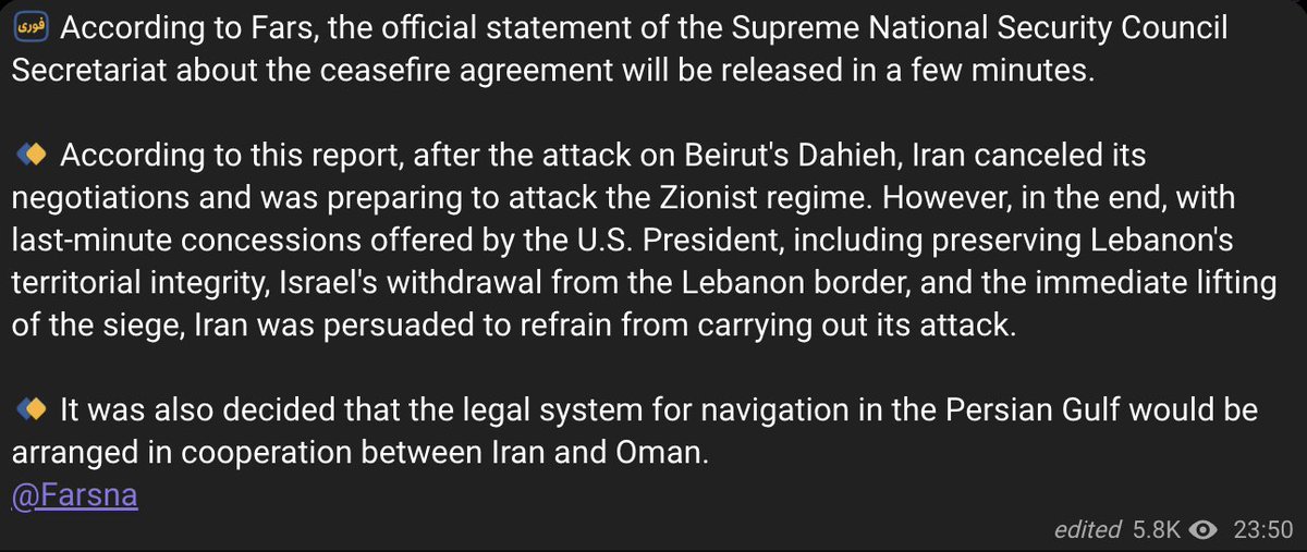 قررت إيران عدم مهاجمة إسرائيل بعد أن عرض ترامب انسحاب إسرائيلي من جنوب لبنان ورفع الحصار البحري فوراً، وفقاً لوكالة أنباء فارس التابعة للحرس الثوري الإيراني.